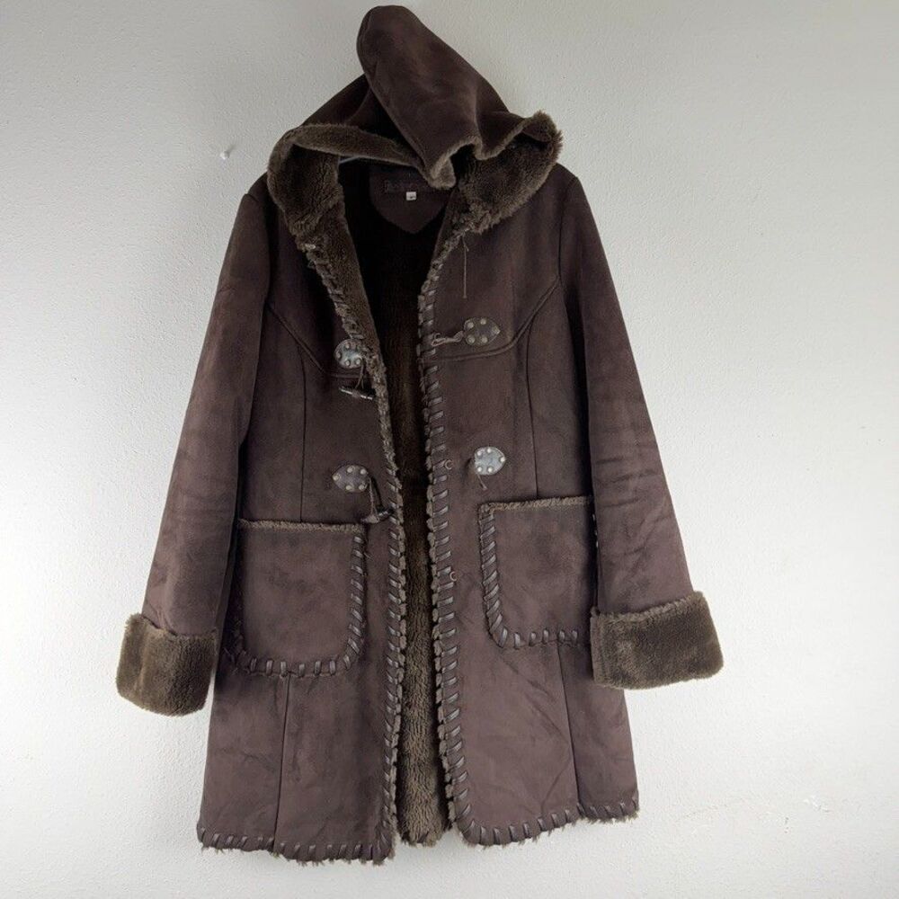 Via Spiga S Brown Faux Suede Sherpa Duffle Jacket Hooded Penny Toggle Coat y2K